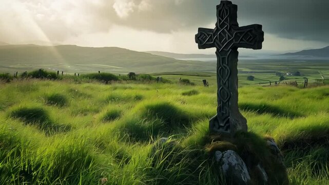 Celtic cross, an ancient symbol of Christianity, on the green hills of Ireland. Symbol of faith and hope. Irish beauty of nature. St Patrick's Day