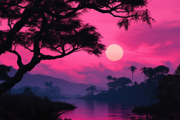 Fototapeta premium A pink sky with a large sun and a tree in the foreground