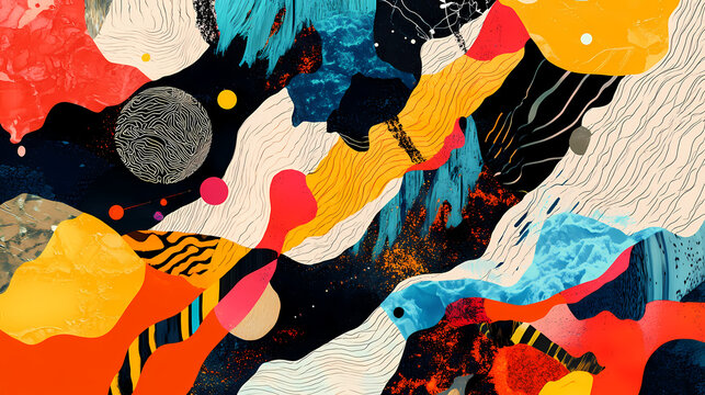 An abstract and surrealistic background featuring a trick texture of interlocking geometric shapes and floating objects, background. Phantasmagoric. Illustration
