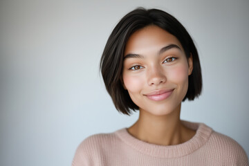 Obraz premium Smiling woman with short dark hair, neutral background, natural beauty, confident expression, portrait photography, skincare advertisement, lifestyle concept, copy space