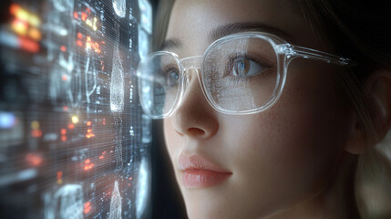 Young woman with glasses engaged in digital exploration at futuristic workspace during evening hours. Generative AI