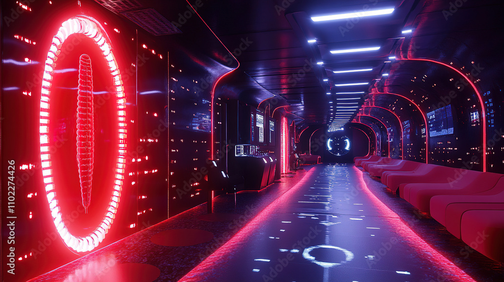 Aufkleber futuristic corridor with glowing red lights and modern design in a high-tech environment. generative