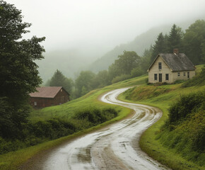 Kurvenreiche Landstraße in nebliger, ruhiger Landschaft

