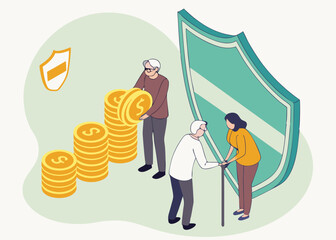 Pension Insurance, Wealth Protection and Insurance, Retirement and Savings Protection and Security, Isometrics Standing Behind the Shield A Bunch of Merchants and Retirees with Gold Coins stock illust