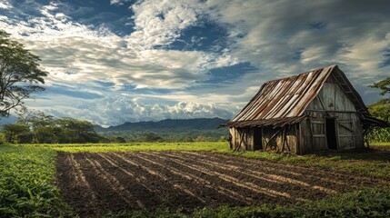 A rustic barn stands in a serene landscape under a dramatic sky, surrounded by cultivated fields.