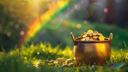 Pot of gold on green meadow with rainbow. Saint Patrick's Day celebration. Symbol of luck. Ireland and Irish culture. Greeting card, invitation with copy space