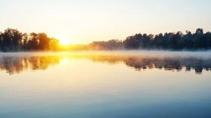 Fototapeta premium Tranquil Sunrise Over Foggy Lake with Silhouetted Trees and Golden Reflections