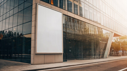 Obraz premium A blank signboard poster mockup on the facade of a modern building