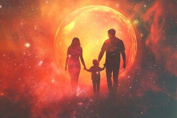 Fototapeta premium Silhouetted Family Walking Hand in Hand Against a Vibrant Cosmic Background with a Large Celestial Body and Colorful Nebula in the Night Sky