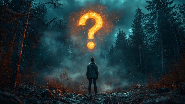 Mysterious Forest Entrance with Questioning Figure and Glowing Symbol Above