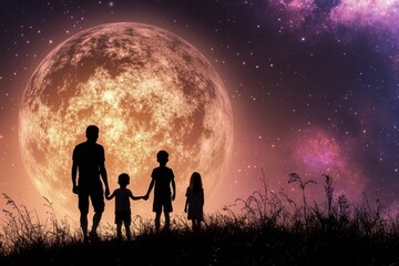 Fototapeta premium Silhouette of a Family Against a Majestic Full Moon Amidst a Starry Sky in a Dreamlike Landscape with Colorful Cosmic Elements
