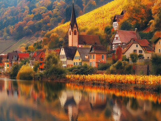 Naklejka premium Herbstliche Landschaft mit einem Dorf am See und bunten Bäumen