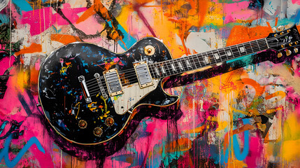 Colorful Electric Guitar on Graffiti Wall  Music  Art  Rock  Pop  Punk  Indie  Grunge  Ins