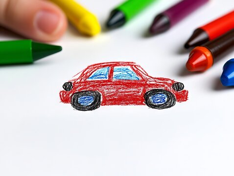 A hand drawing a red car on a piece of paper surrounded by crayons
