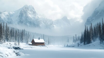 Fototapeta premium A serene winter landscape featuring a cabin by a frozen lake surrounded by snow-covered mountains.