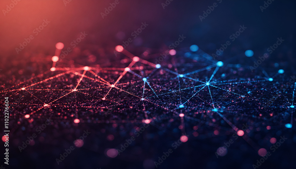 Poster futuristic abstract background with connected dots and lines in blue and red colors for digital appl