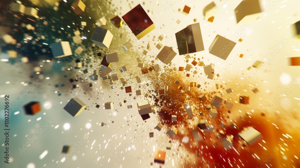 Poster a mesmerizing display of cubes exploding in motion, rendered in warm, earthy tones. the dynamic comp