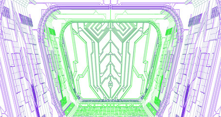 Futuristic low poly sci-fi laboratory or spaceship corridor with neon light.