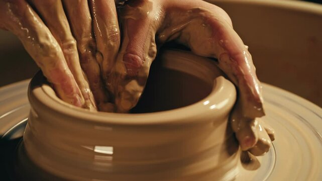 Woman potter works with clay on master class in studio. Working process in ceramic workshop. Potter making vase on pottery wheel. Handmade concept. 