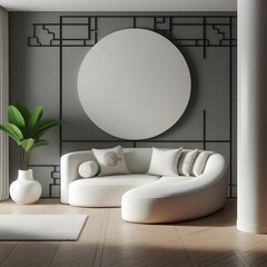 A minimalist Japanese living room with a frame mockup in white and blue tones. The room features a sofa, rattan furniture, and wallpaper.