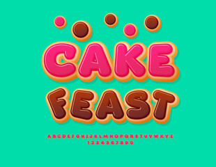 Vector Sweet invitation Cake Feast. Delicious Donut style Font. Tasty Set of Alphabet Letters and Numbers.