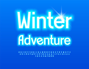 Vector glowing banner Winter Adventure. Neon White Font. Electric Alphabet Letters and Numbers set.