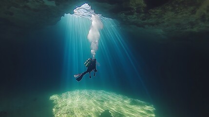 Diver discovering a sunlit underwater cavern with vibrant blue light