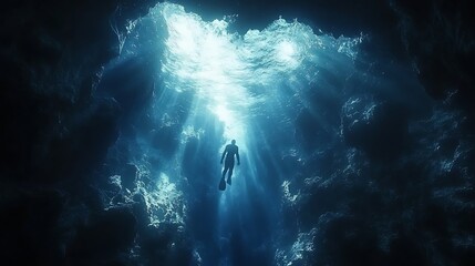 Obraz premium Diver discovering a sunlit underwater cavern with vibrant blue light