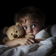 A child waking up in fear, clutching their stuffed animal tightly