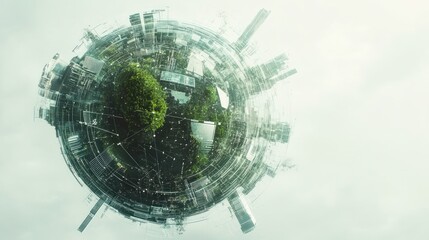 Obraz premium futuristic globe featuring greenery and urban structures, symbolizing harmony between nature and technology.