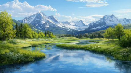 Bl&uuml;hende Berglandschaft mit See und schneebedeckten Gipfeln

