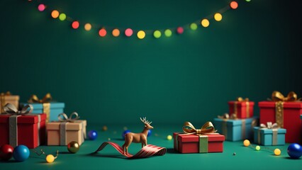 A playful Christmas setup featuring a miniature reindeer, vibrant wrapped presents in red and blue, candy-striped ribbons, and festive lights on a green background.