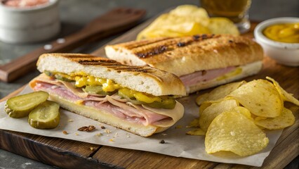 Classic Cuban Sandwich with Chips and Mustard