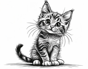 Fototapeta premium Cute striped kitten sitting and looking curiously at the viewer with big expressive eyes and fluffy fur