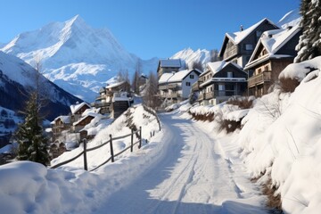 The village is covered in snow, surrounded by majestic mountains and bright blue skies