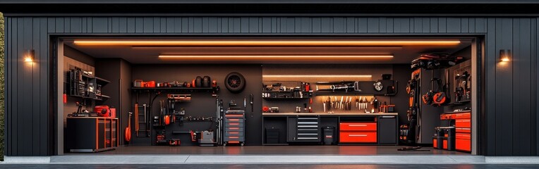Obraz premium The garage is well-lit and neatly organized with various tools and equipment