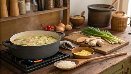 Cooking arroz caldo in a rustic kitchen with fresh ginger and garlic.