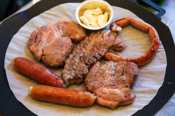 Korean barbecue. pork and sausage