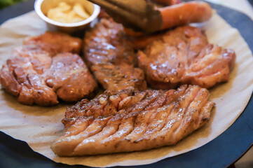 Korean barbecue. pork and sausage