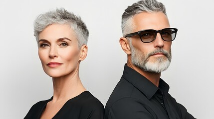 An elegant older couple stands together, both exuding a sophisticated, confident aura.