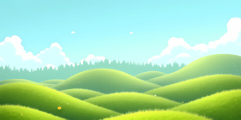 Obraz premium Rolling green hills under a clear sky with fluffy clouds for serene nature illustration concept