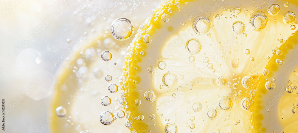 Poster lemon slice submerged in sparkling water with bubbles