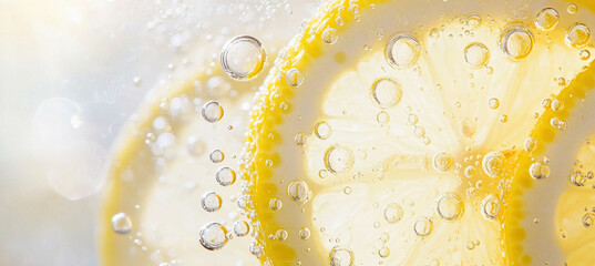 Lemon slice submerged in sparkling water with bubbles