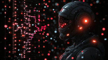 Obraz premium Futuristic robot exploring data in a high-tech environment with glowing elements and intricate patterns. Generative AI