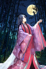 月夜に佇む十二単を着た女性