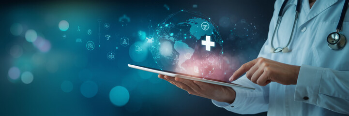 Healthcare and medical chatbot, Ai technology, Machine learning, doctor use AI chatbot on medical network and Data exchange, Health care and artificial intelligence technology. Innovative new era