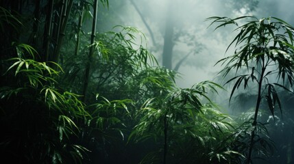A tranquil bamboo grove shrouded in soft morning mist creates a peaceful ambiance