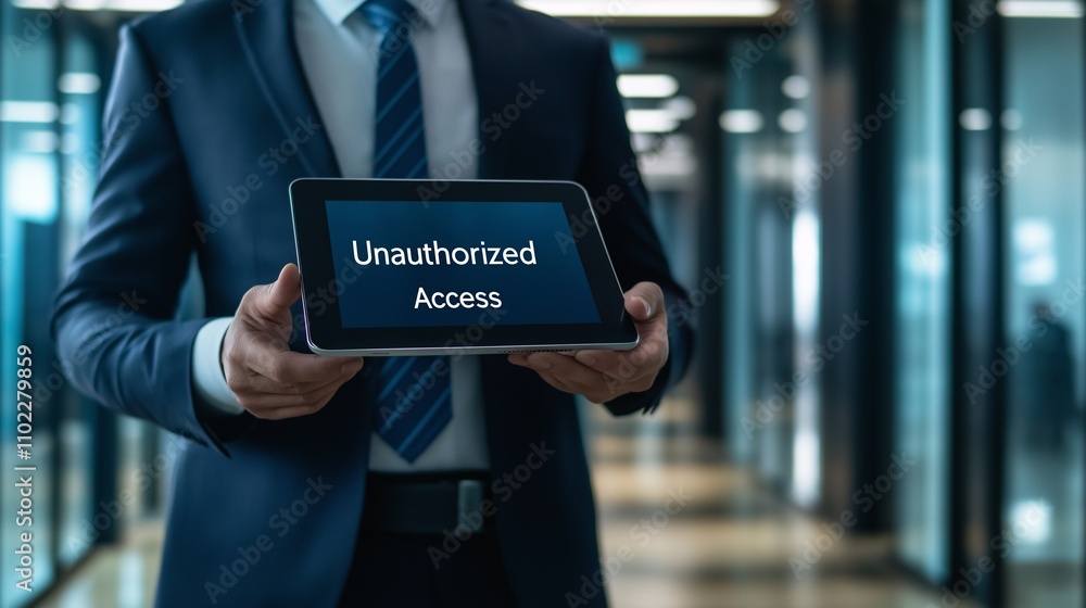 Poster unauthorized access warning: businessman holding tablet displaying 