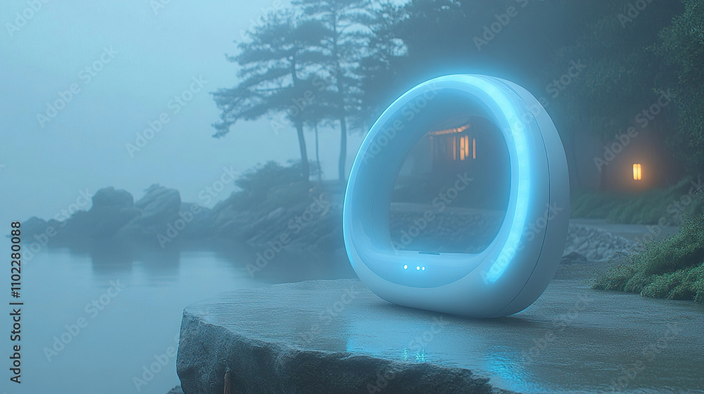 Poster unique futuristic device by the water during twilight mist, surrounded by serene nature and soft ill