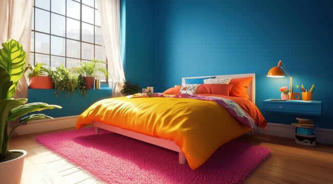 Une chambre d'adolescent lumineuse et color&eacute;e avec des murs bleus et un parquet en bois, un tapis rose recouvrant le sol.
